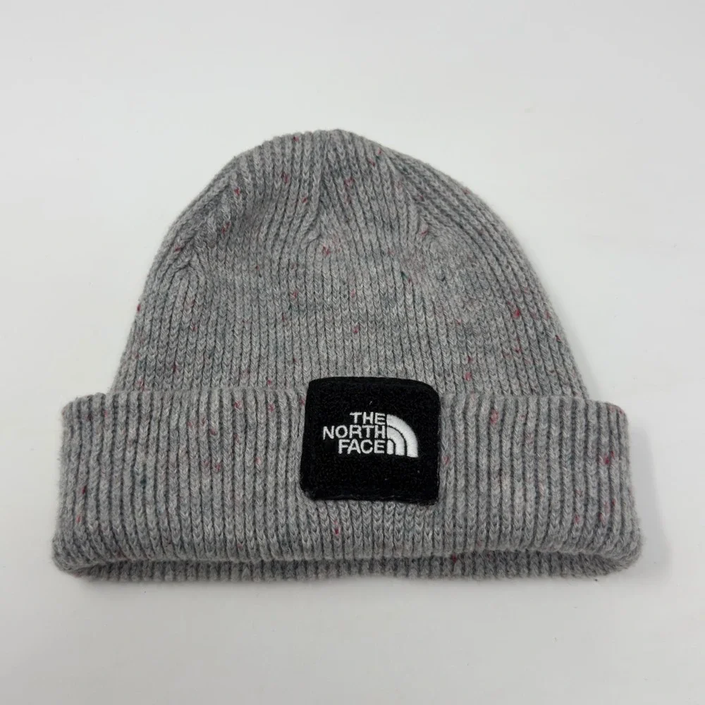 The North Face Ribbed Knit Cuffed Beanie Hat Heather Grey‎ Speckled Logo Patch